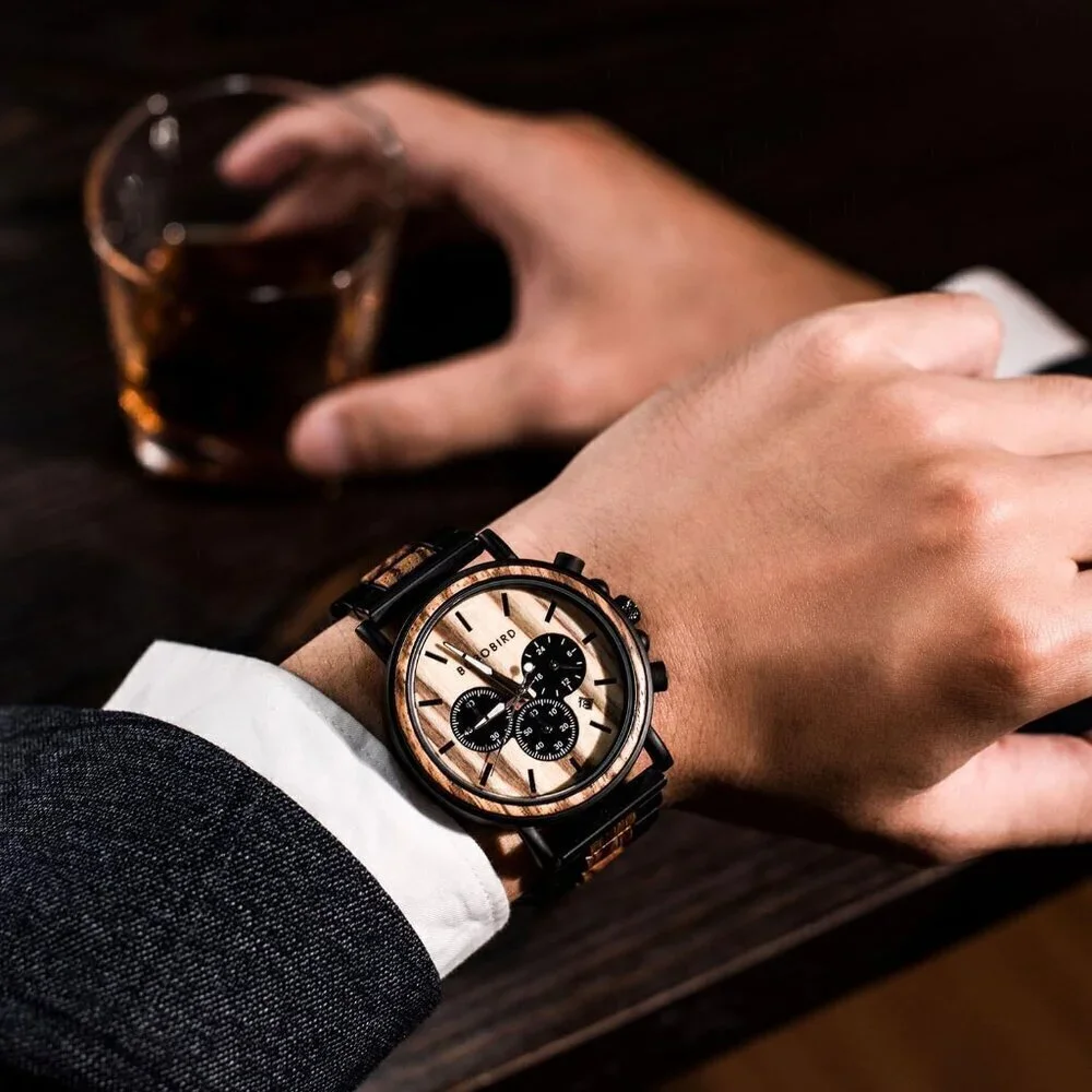 🆕Bobo Bird Quartz Men Black Wood & Stainless Steel Combined Chronograph Watches